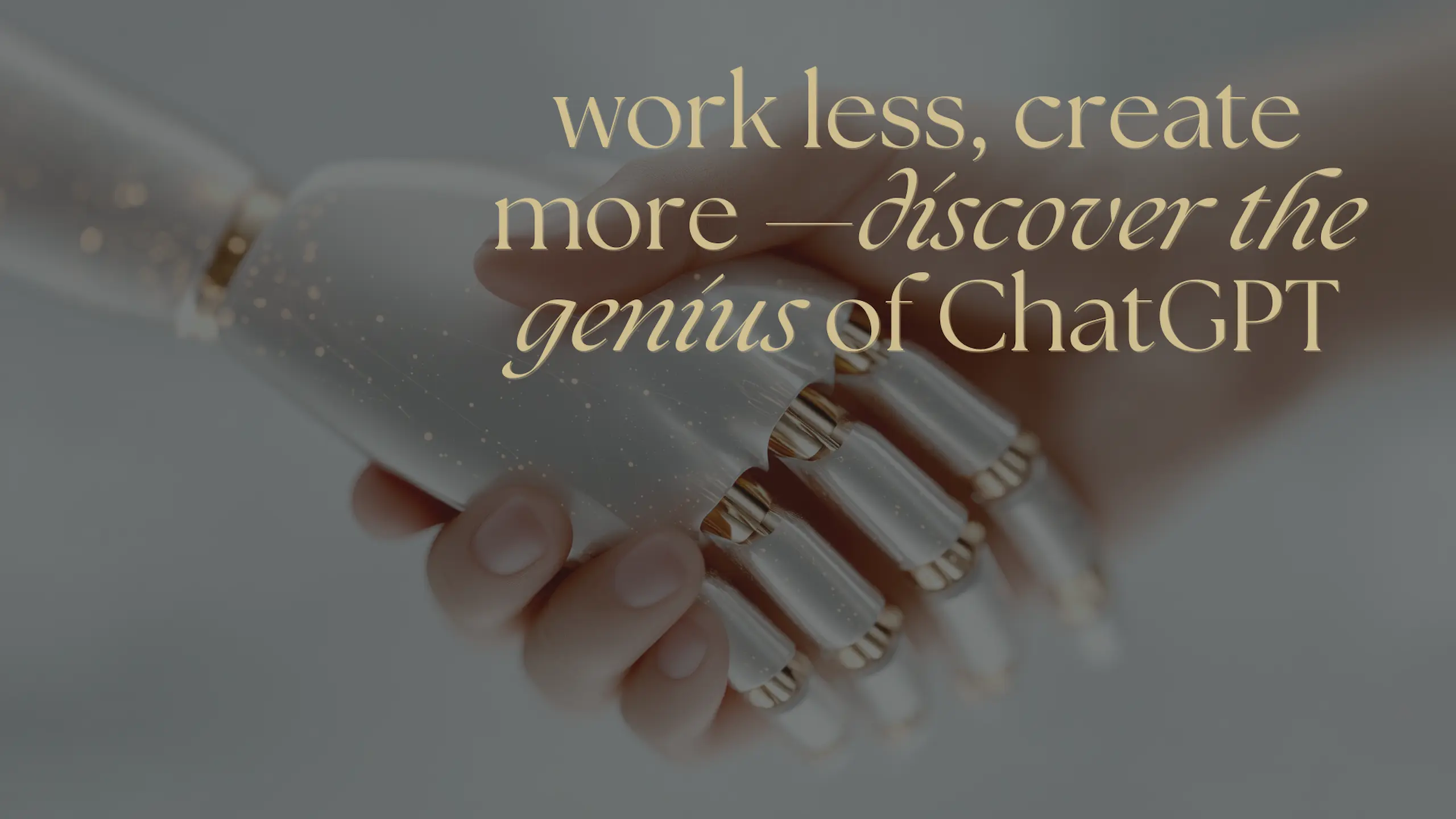 Nahaufnahme einer menschlichen Hand, die eine Roboterhand berührt – Symbol für die Verbindung von Mensch und KI. Textaufschrift: work less, create more — discover the genius of ChatGPT.